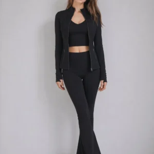 Black Jacket, U-Bra and Flare Pants Set