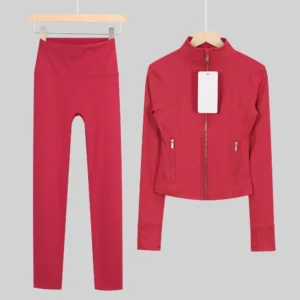Red Cropped Jacket and Leggings Set with Gold Zip