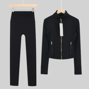 Black Cropped Jacket and Leggings Set with Gold Zip