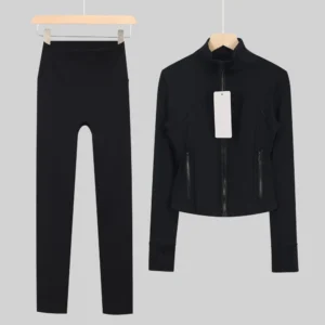 Black Cropped Jacket and Leggings Set with Standard Zip